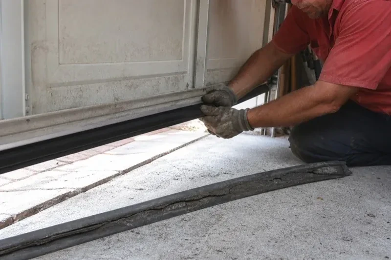 Person fitting a black strip along the bottom edge of a partly raised garage door, with a cracked strip lying on the floor. — Garage Door Bottom Seal Replacement, Richmond Hill
