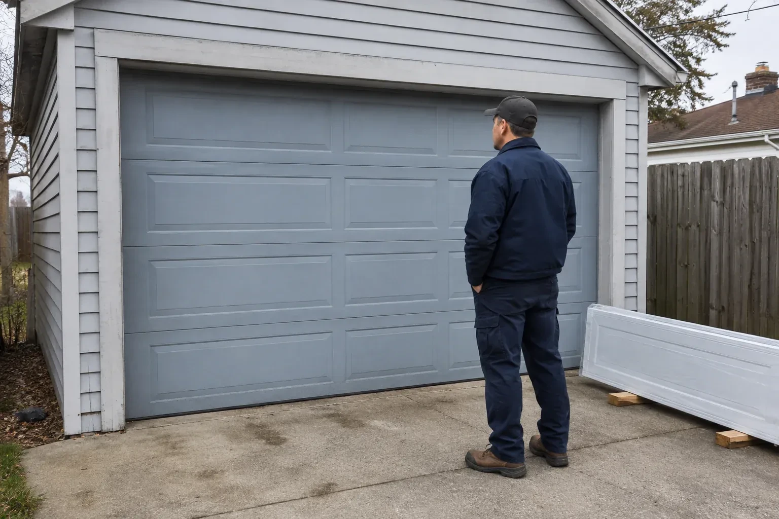 A person examines a blue-grey sectional garage door with a packaged door panel resting beside the driveway. — Sectional Garage Door Replacement, Richmond Hill