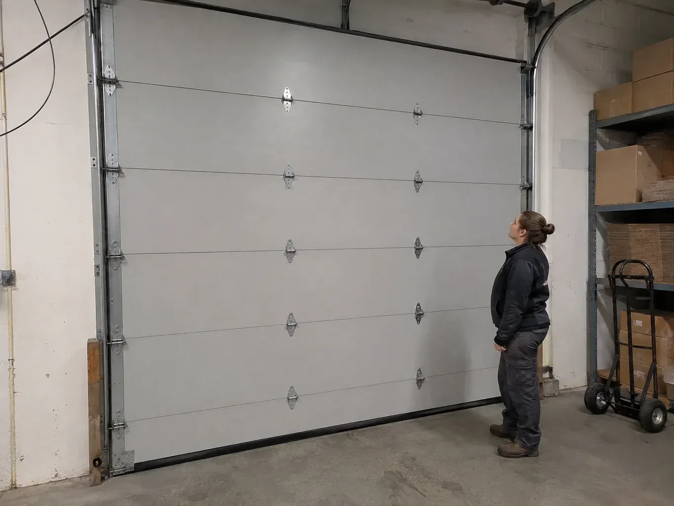 A person looks at a tall closed sectional door with broad panels, hinges and side tracks in a warehouse. — Commercial Sectional Door Repair, Richmond Hill