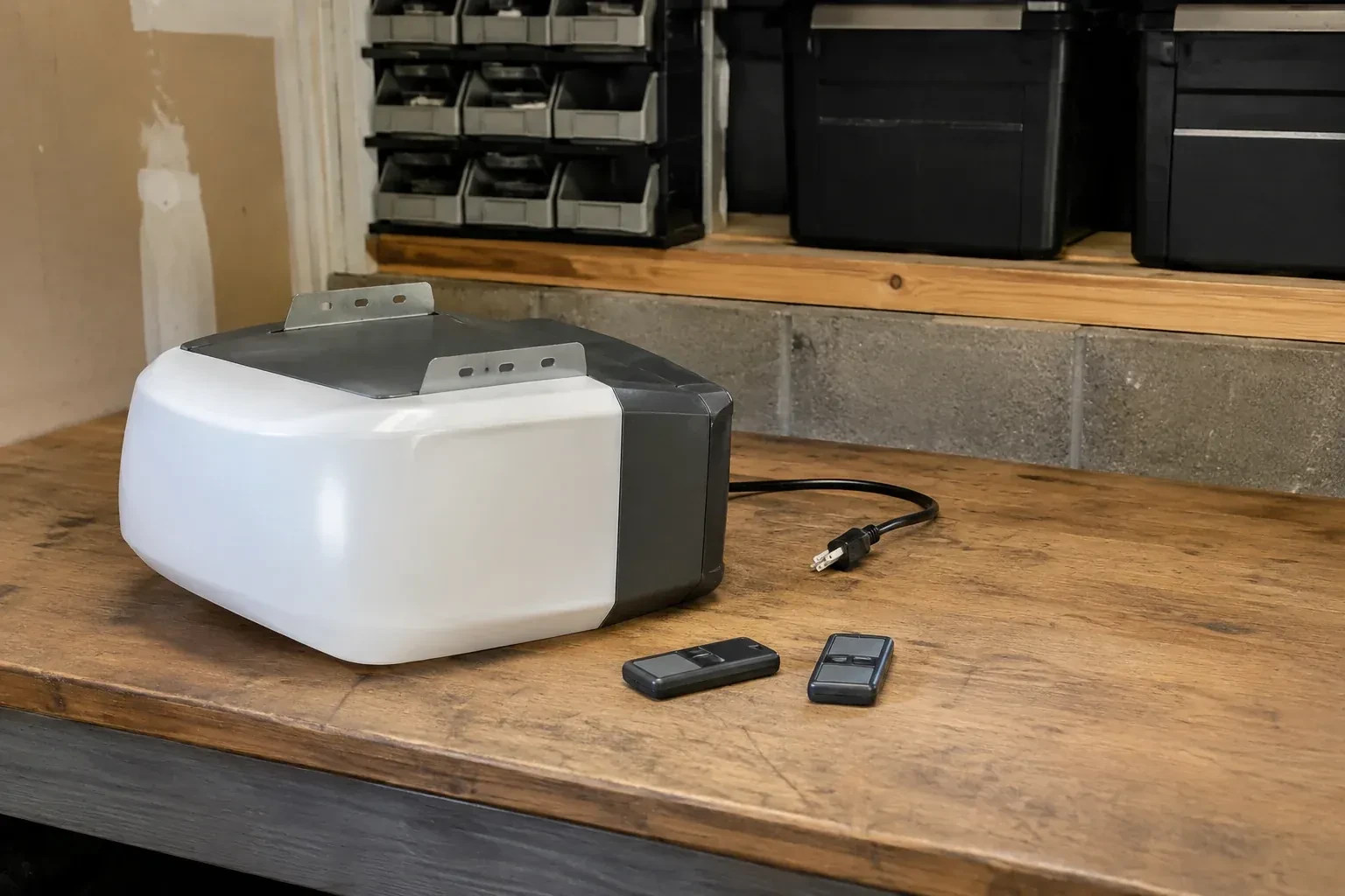 Detached opener housing and two remotes on a garage bench. — Garage Door Opener Replacement, Richmond Hill