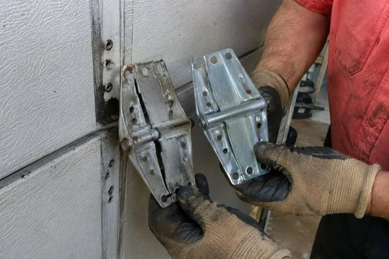 Gloved hands holding two metal garage-door hinges side by side, one discolored with a visible crack and the other bright silver. — Garage Door Hinge Replacement, Richmond Hill