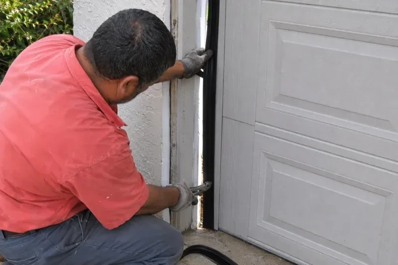 Gloved person holding a black strip along the side of a sectional garage-door opening — Garage Door Perimeter Weatherstrip, Richmond Hill