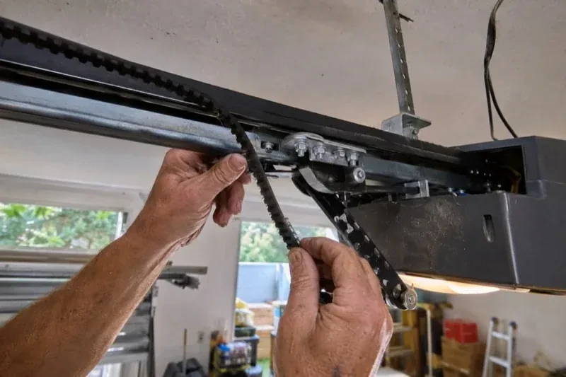 Hands holding a loose toothed belt beside the rail and trolley of an overhead garage-door opener. — Belt-Drive Opener Repair, Richmond Hill