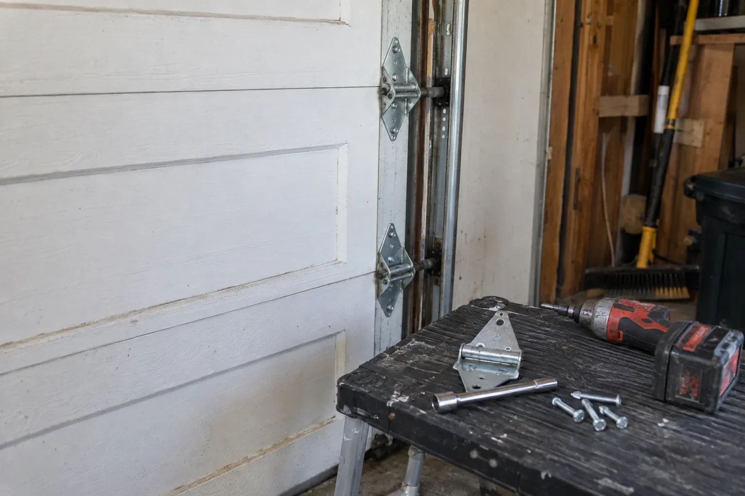 Two metal hinges on the edge of a white paneled door, with a spare hinge, screws and a drill on a bench.
