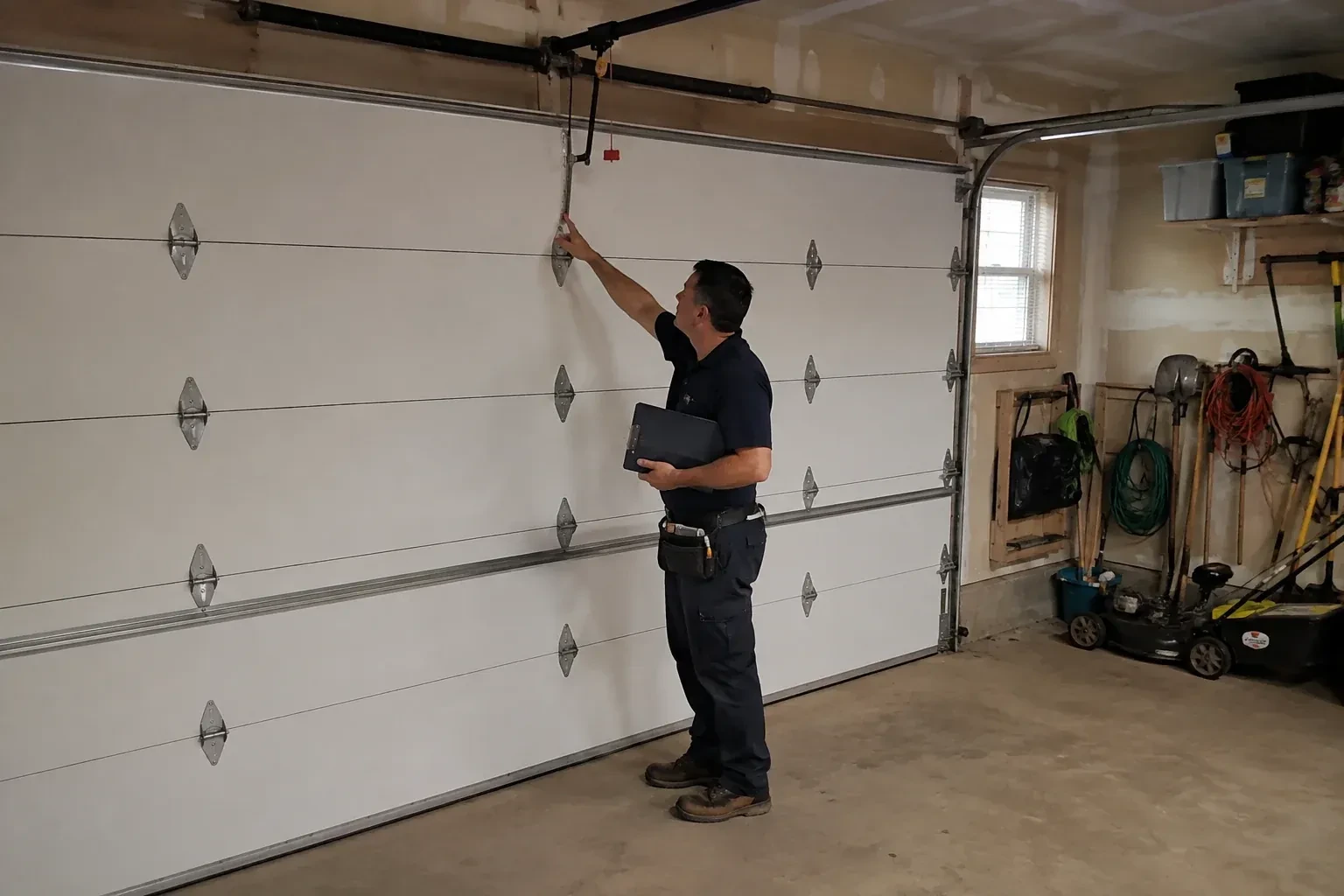 A person holding a clipboard examines the interior hardware of a closed garage door. — Garage Door Tune-Up, Richmond Hill