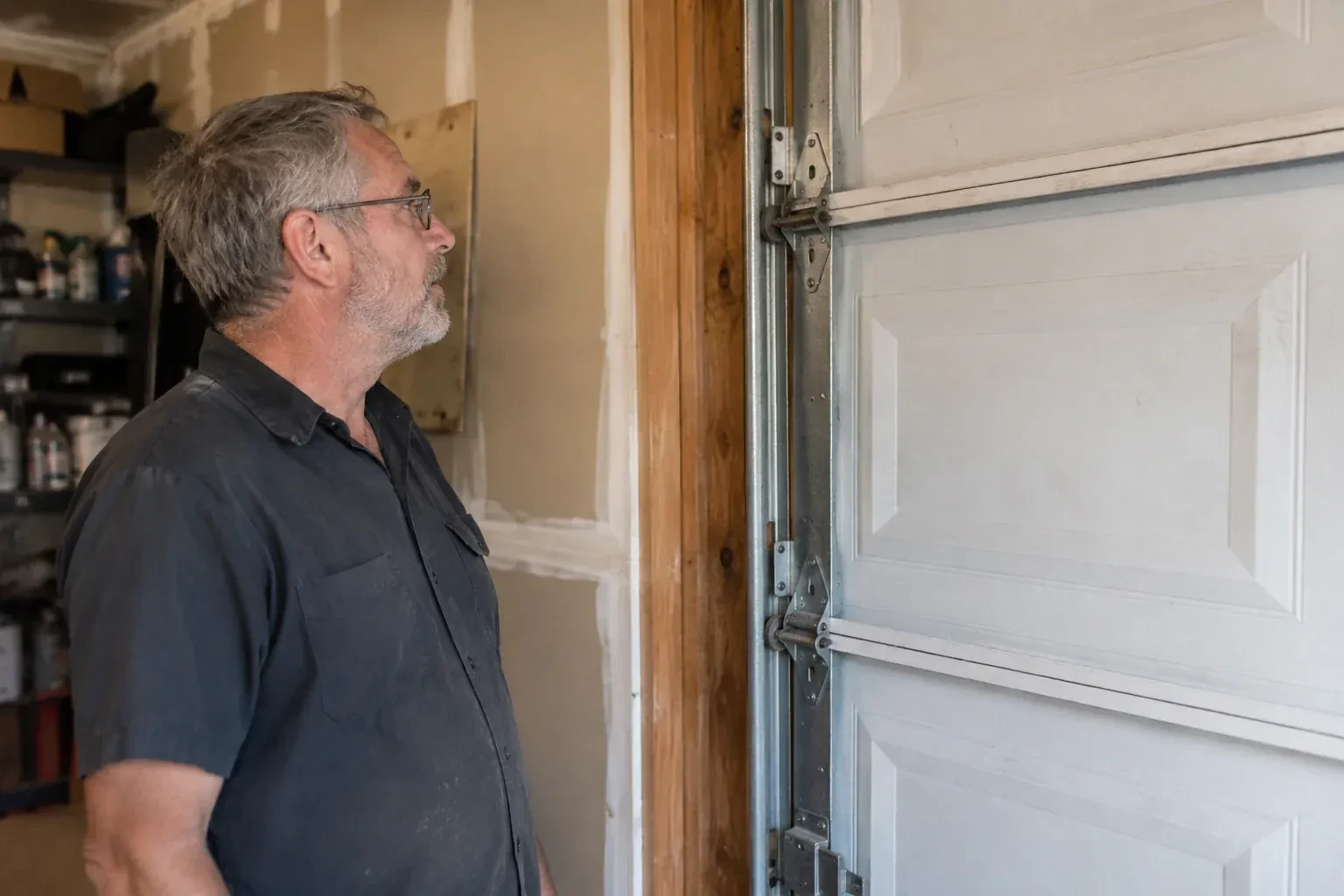 Technician looking at vertical garage door track and edge hinges. — Garage Door Track Repair or Replacement, Richmond Hill
