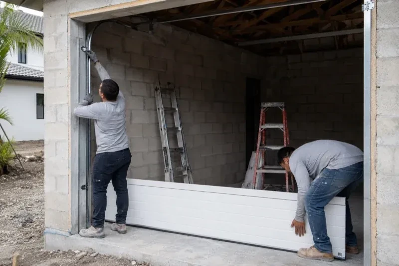 Two people positioning a white garage-door panel and side track in an unfinished masonry garage. — New-Construction Garage Door Installation, Richmond Hill