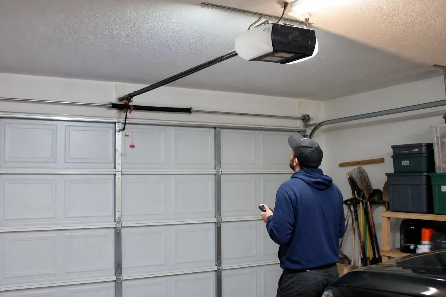 A person holding a remote looks toward an overhead garage-door opener and rail. — Garage Door Opener Diagnosis and Repair, Richmond Hill