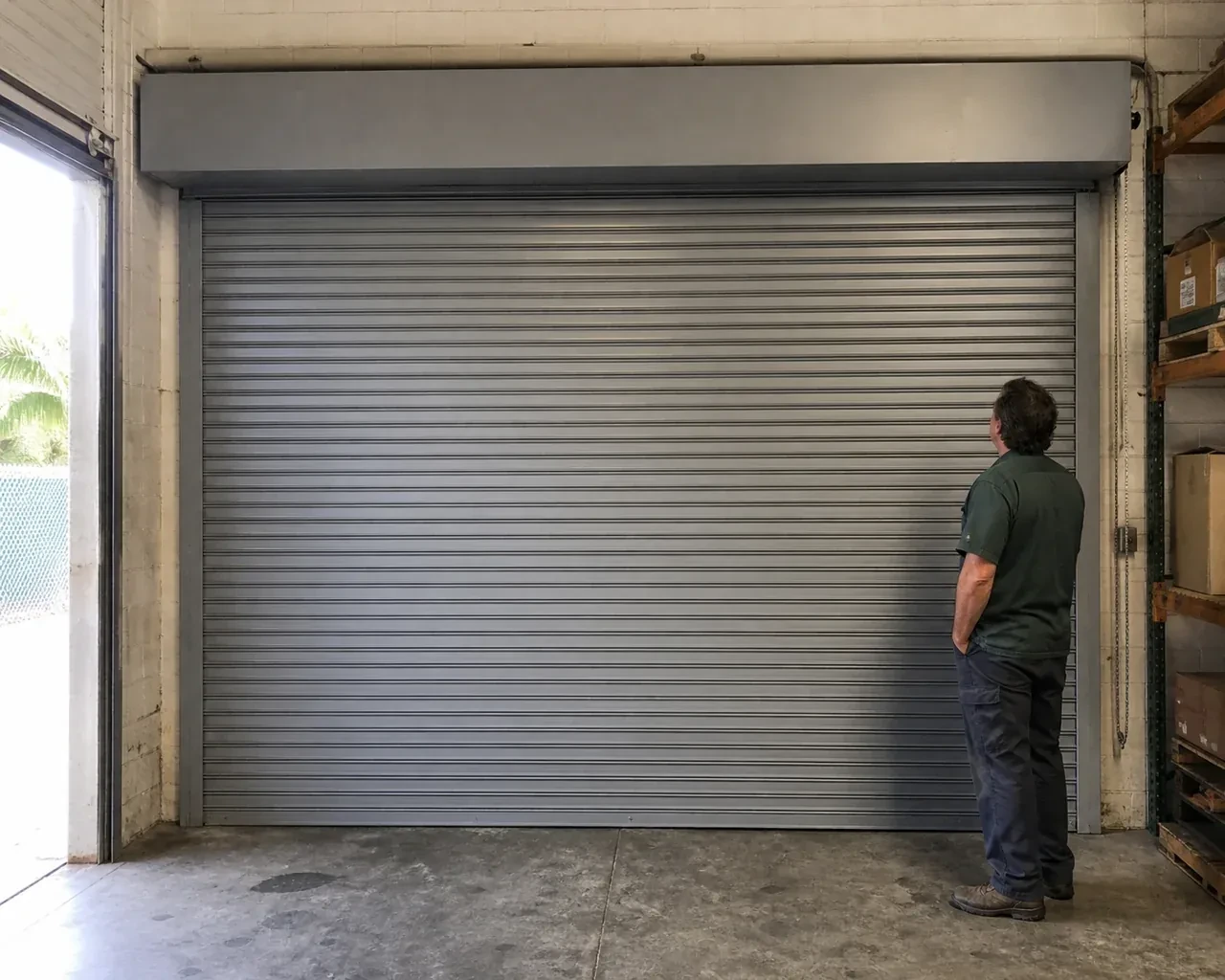 A person examines a closed metal rolling door with narrow horizontal slats, side guides and an overhead hood in a warehouse. — Commercial Rolling Door Repair, Richmond Hill