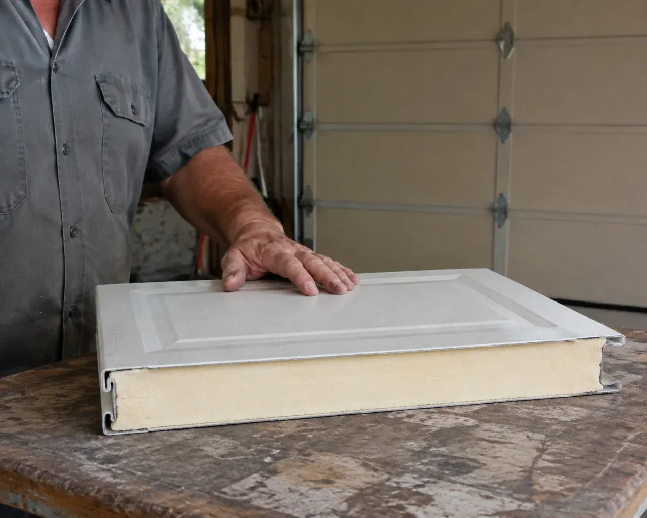 A panel sample exposes a cream foam core between thin metal faces on a garage workbench. — Insulated Steel Garage Door Installation, Richmond Hill