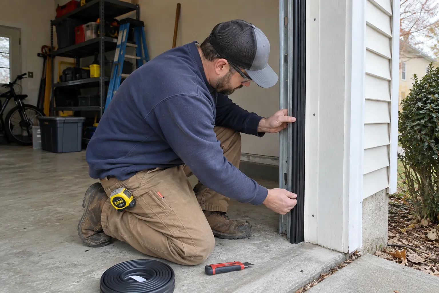 Technician kneeling at a garage opening, pushing a black rubber seal into the metal jamb, with a red utility knife nearby.