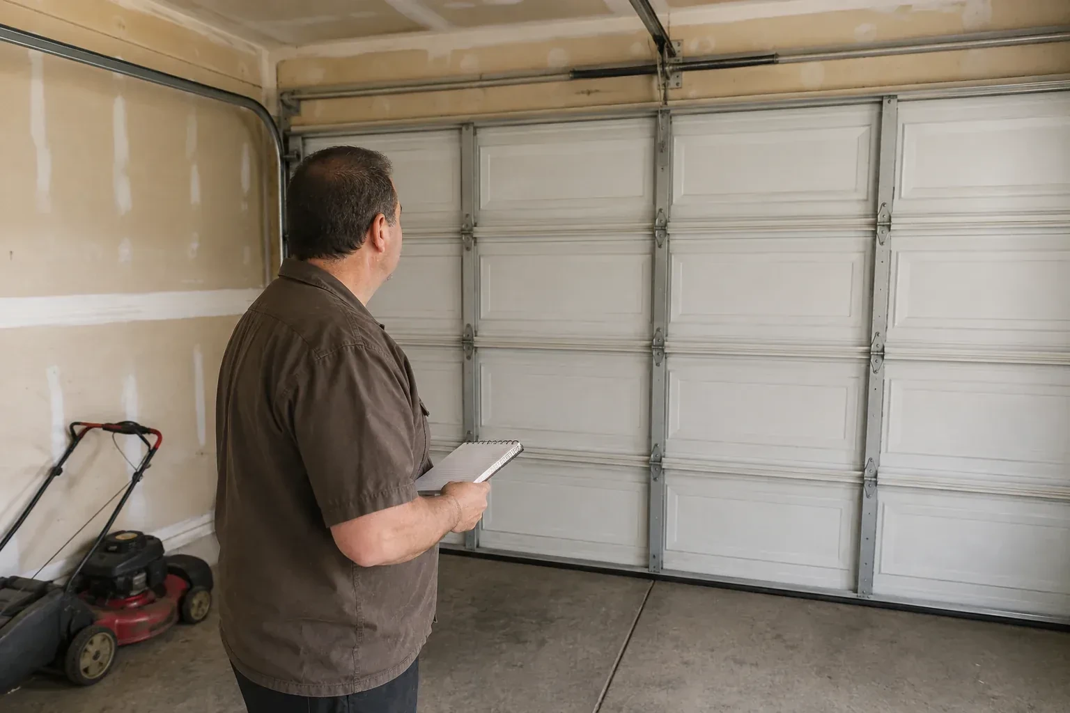 Technician holding a notebook while looking at a closed sectional door. — Garage Door Balance Adjustment, Richmond Hill