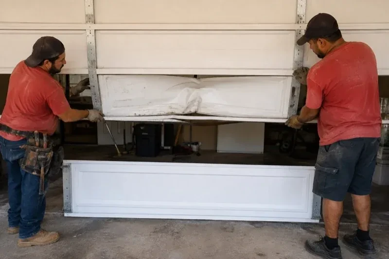 Two people holding a dented lower garage-door section above a separate white panel resting on the ground. — Garage Door Panel Replacement, Richmond Hill