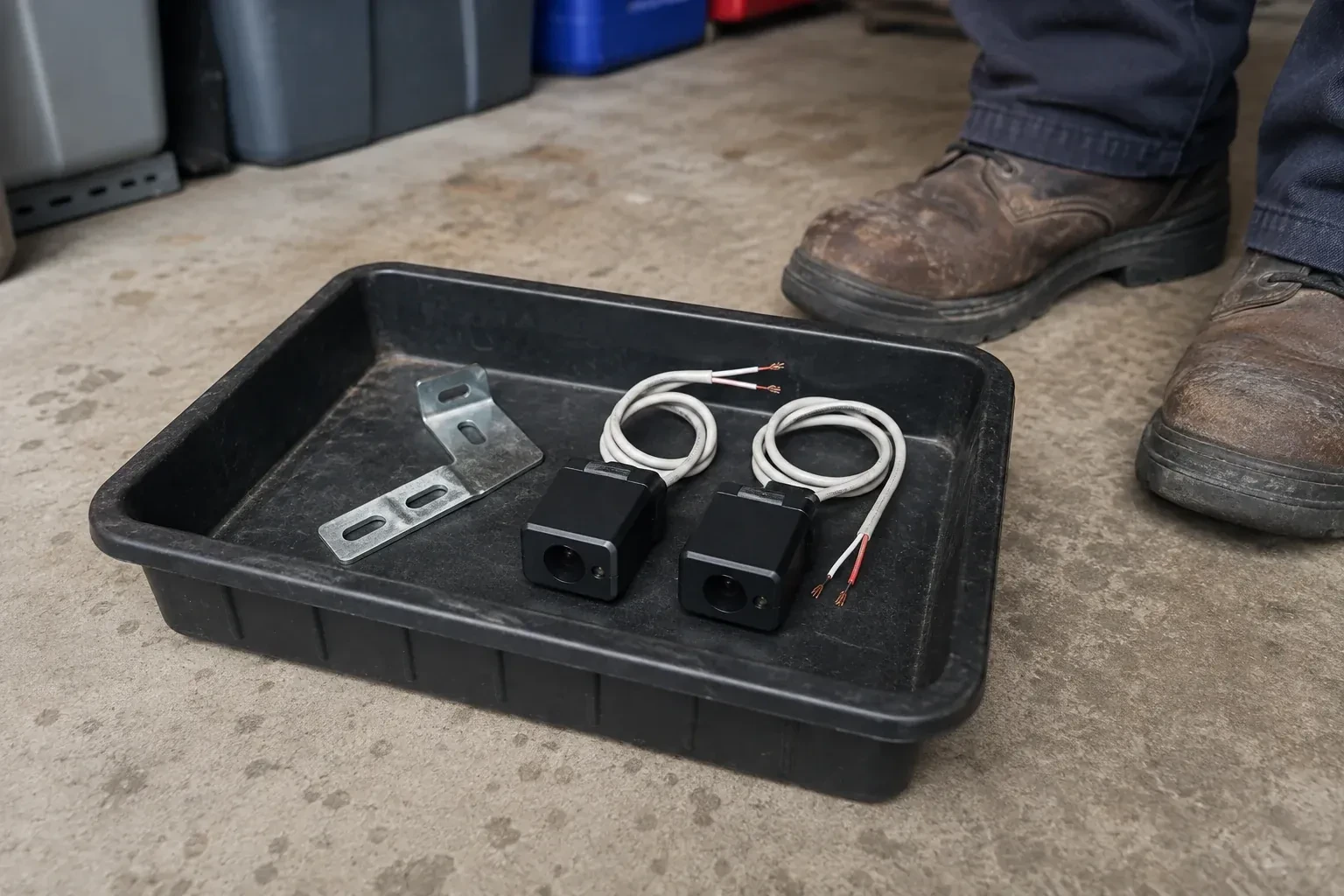 Two detached black sensors with recessed lenses and coiled wires lie in a tray beside a mounting bracket. — Photo-Eye Sensor Alignment or Replacement, Richmond Hill