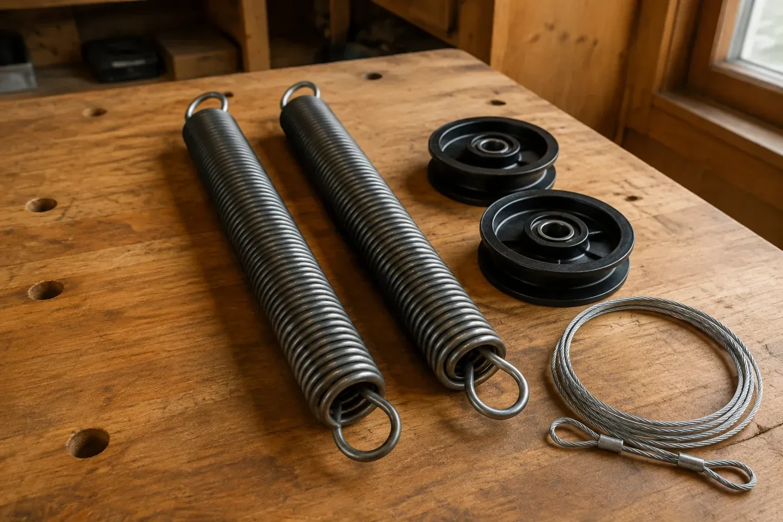 Two coiled extension springs with looped ends, two black pulleys and a loop of steel cable on a worn wooden workbench. — Extension Spring Replacement, Richmond Hill