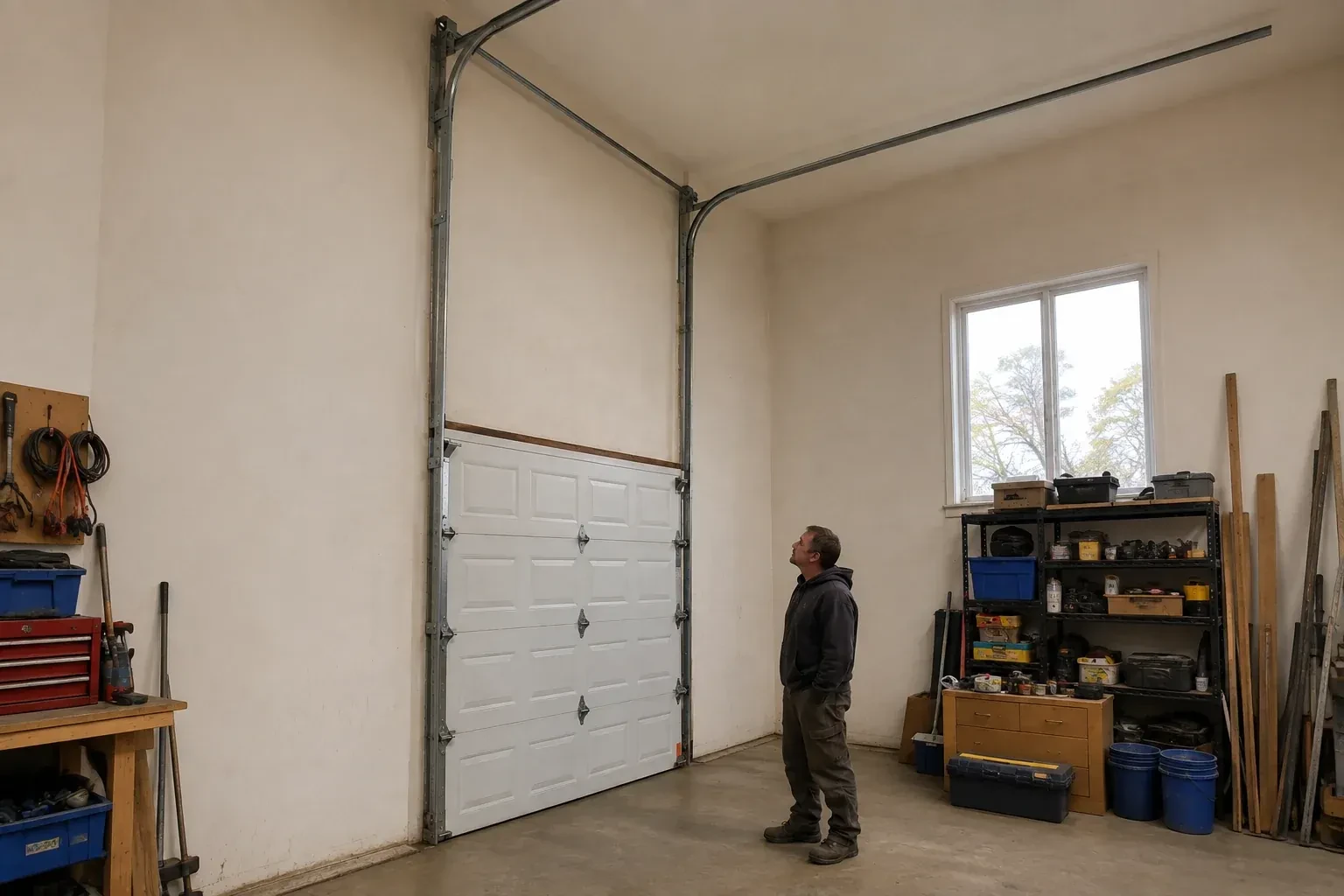 Vertical tracks extend above a closed garage door before curving near a high ceiling, while a person looks upward. — High-Lift Garage Door Conversion, Richmond Hill